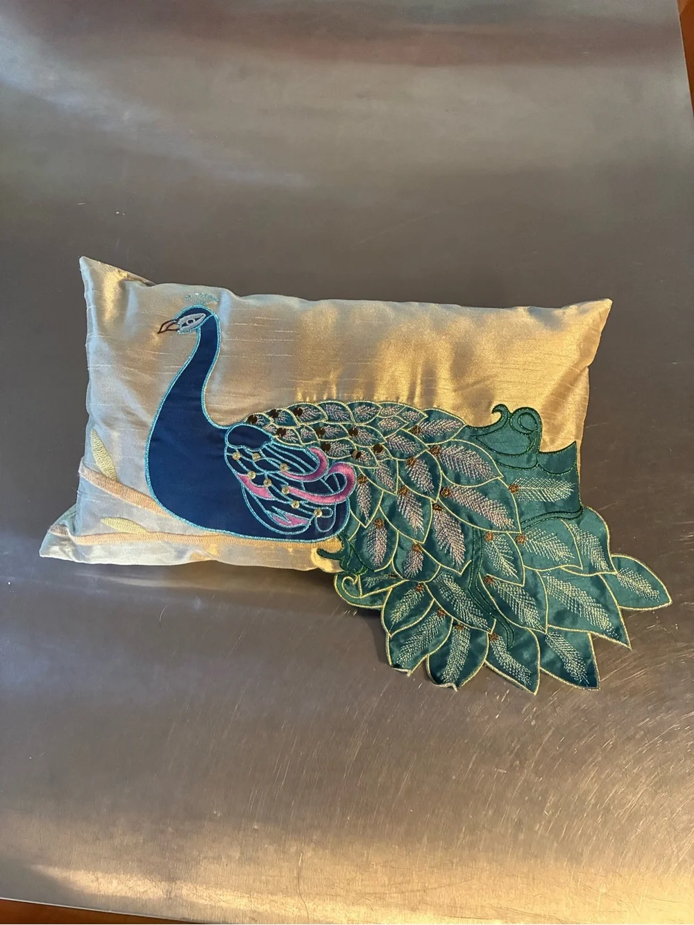 Peacock Decorative Pillow - Teal & Gold Vibrant Peacock Bird Colors Embroidered